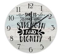 Madcolitote She Is Clothed with Strength And Dignity Wall Clock Bible Verse 10 Inch Round Wall Clocks Battery Operated Farmhouse Christian Home Decor for Kitchen Living Room Bedroom Office