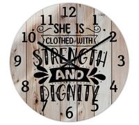 Madcolitote She Is Clothed with Strength And Dignity Wall Clock Bible Verse 15 Inch Wooden Wall Clocks Battery Operated Farmhouse Christian Wall Decor for Living Room Kitchen Bedroom Bathroom