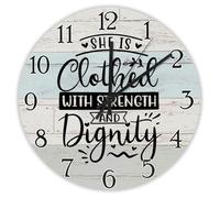 Madcolitote She Is Clothed with Strength Wall Clock Bible Verse 12 Inch Wall Clocks Battery Operated Farmhouse Christian Home Decor Wall Decor for Bedroom Living Room Kitchen School Office