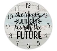 Madcolitote She Laughs Without Fear Of The Future Wall Clock Bible Verse 10 Inch Round Wall Clocks Battery Operated Farmhouse Christian Wall Decor for Living Room Kitchen Bedroom Bathroom