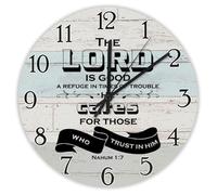Madcolitote The LORD is good a refuge in times of trouble Wooden Wall Clock Bible Verse Christian 10 Inch Wall Clocks Battery Operated Religious Faith Decor for Living Room Bedroom Office