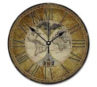 Madcolitote Vintage Wooden Large Wall Clocks Battery Operated 10 Inch Old World Map Wall Clock Easy to Read Summer Beach Home Decor for Kitchen Living Room Bedroom Classroom