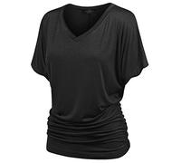 Made By Johnny Women's Casual Solid Short Sleeve Boat Neck/V Neck Dolman Top T Shirt with Side Shirring, Wt1037_black, XXL