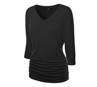 Made By Johnny Women's V-Neck/Boat Neck 3/4 Sleeve Drape Dolman Shirt Top with Side Shirring - black - Medium