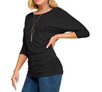 Made By Johnny Women's V-Neck/Boat Neck 3/4 Sleeve Drape Dolman Shirt Top with Side Shirring - black - Small