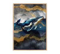 Made by Mika Ltd Abstract Whale Wall Art Print - Ocean Creature Artwork with Gold Accents, Blue & Gold Marine Decor for Living Room, Bedroom or Office (Golden Humpback Whale, A3-29.7x42cm, Framed)