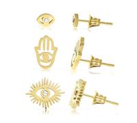 Made by Nami Evil Eye Stud Earrings Gold Earrings Gold Studs Made of Surgical Stainless Steel with Hand of Fatima and Turkish Eye Waterproof Jewellery Boho Jewellery Women Nazar Boncuk, Stecker