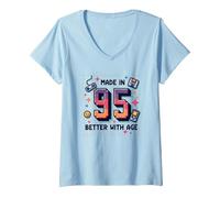 Made in 95 Better with Age Birthday Gift Retro Gaming V-Neck T-Shirt, Women, Baby Blue, L