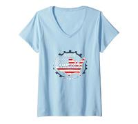 Made in America Patriotic US Flag Map Industrial V-Neck T-Shirt, Women, Baby Blue, S