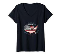 Made in America Patriotic US Flag Map Industrial V-Neck T-Shirt, Women, Black, L