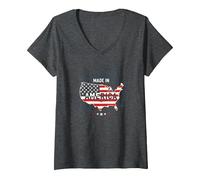 Made in America Patriotic US Flag Map Industrial V-Neck T-Shirt, Women, Dark Heather Grey, L