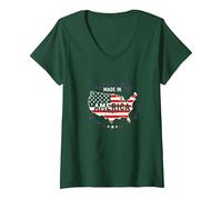 Made in America Patriotic US Flag Map Industrial V-Neck T-Shirt, Women, Forest Green, S