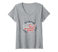 Made in America Patriotic US Flag Map Industrial V-Neck T-Shirt, Women, Heather Grey, XL