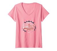Made in America Patriotic US Flag Map Industrial V-Neck T-Shirt, Women, Pink, M