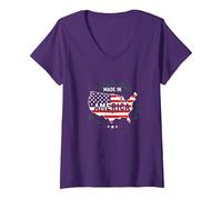 Made in America Patriotic US Flag Map Industrial V-Neck T-Shirt, Women, Purple, XL
