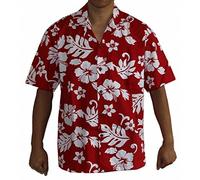 Made in Hawaii! Men's Hibiscus Flower Classic Hawaiian Shirts, Red/White, Medium