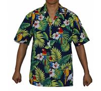 Made in Hawaii ! Men's Hibiscus Parrots Hawaiian Luau Cruise Aloha Shirt - NAVY - XL