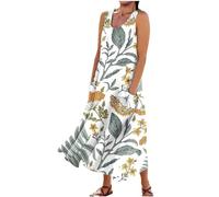 Made In Italy Linen Dresses Sleeveless Summer Boho Dress Floral Cotton Summer Dresses With Pockets Loose Fit Smocked Plus Size Maxi Dresses Casual Flowy Vacation Holiday Kaftan Crewneck Sundress
