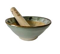 Made in Japan Mortar & Pestle (Suribachi & Surikogi) Set Authentic Mino Ware Pottery, Small 5.98 inches, Pale Blue-Green with Arabesque Pattern, M882-50