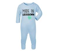 Made in Lockdown - Baby Arrival with Heart Padlock Baby Romper Jumpsuit with feet, 3-6 Months, Pastel Blue