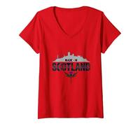 Made in Scotland Tartan Skyline Thistle Pride V-Neck T-Shirt, Women, Red, XL