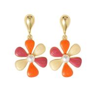 MaDe Jewel Pastel Petal Charm Earrings| Gold base with Light Beige, Orange, Pink enamel and White Pearl center, large, Enamel, No Gemstone