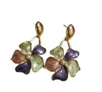 MaDe Jewel PetalPop Tri-Colour Floral Drop Earrings, Enamel Petals, Gold-Toned with Green, Violet, and Pink Petal Accents, large, Enamel, No Gemstone