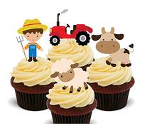 Made4You Farmer, Farm Animals and Tractor, Kids' Edible Cupcake Toppers - Stand-up Wafer Cake Decorations (Pack of 12)