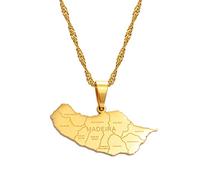 Madeira Map Portugal Pendant Necklaces for Women Girls Gold Color Silver Color Jewelry(Gold Color,45cm)