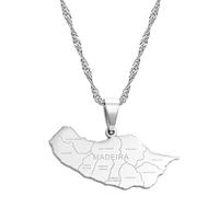 Madeira Map Portugal Pendant Necklaces for Women Girls Gold Color Silver Color Jewelry(Silver Color,60cm)