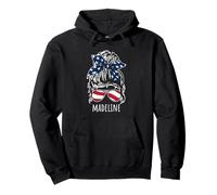 Madeline Messy Hair Bun with USA Ribbon Sunglasses Designs Pullover Hoodie