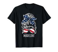 Madeline Messy Hair Bun with USA Ribbon Sunglasses Designs T-Shirt