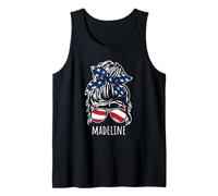 Madeline Messy Hair Bun with USA Ribbon Sunglasses Designs Tank Top