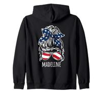 Madeline Messy Hair Bun with USA Ribbon Sunglasses Designs Zip Hoodie