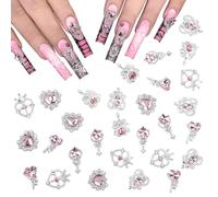 Madenia 30PCS Nail Charms - Silver & Pink Y2K 3D Nail Charms and Gems for Acrylic Nails, Hearts Nail Rhinestones Accessories for Manicure DIY Nail Art Decorations (30)