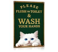 Madewell Living White Cat Metal Tin Sign, Funny Please Flush & Wash Your Hands Bathroom Wall Art, Cute Vintage Home Decor for Restroom, Kitchen, Home Bathroom, 8x12 Inch