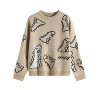 Madger Women Cute Cartoon Dinosaur Print Sweater Y2k Crewneck Long Sleeve Knit Pullover Top Vintage Graphic Loose Aesthetic Sweaters (Khaki, M)