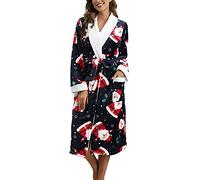 Madger Women Fleece Christmas Dressing Gown Warm Soft Plush Bathrobe Elk Santa Print Fluffy Long Robe Housecoat with Pockets (Royal Blue, S)