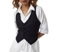 Madger Women Tuxedo Suit Waistcoat Vest Sleeveless Crop Blazer Vests 90s Button Down Halter Y2k Dressy Vintage Fashion Racerback Vest-Black B,L