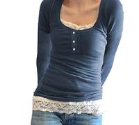 Madger Women Y2k Long Sleeve T-Shirt Square Collar Lace Patchwork Crop Top Autumn Basic Slim Fit Blouse Vintage Tee (Blue), S