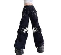 Madger Women Y2k Wide Leg Jeans Gothic Baggy Denim Pants High Waist Punk Loose Straight Pants E Girl Streetwear-A5,S