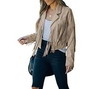 Madger Women's Vintage Tassel Jackets Faux Suede Long Sleeve Cropped Coats Motor Biker Cardigan Outwears Hippie Y2k Streetwear (Apricot, XL)