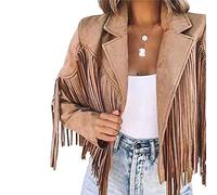 Madger Women's Vintage Tassel Jackets Faux Suede Long Sleeve Cropped Coats Motor Biker Cardigan Outwears Hippie Y2k Streetwear (Coffee, L)
