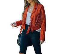Madger Women's Vintage Tassel Jackets Faux Suede Long Sleeve Cropped Coats Motor Biker Cardigan Outwears Hippie Y2k Streetwear (Rust Red, XL)