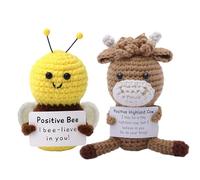 MADGININE 2 Pcs Positive Crochet Animals Handmade Emotional Support Crochet Moo & Bee with Positive Card for Women Friends Student Desk Decor