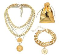 MADGININE 2 Pcs Punk Chunky Chain Necklace and Gold Bracelet, Adjustable Gold Layered Necklaces for Women, Layered Cuban Link Chain Necklace Multilayer Carved Coin Pendant Necklace for Women Girls