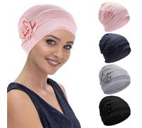 MADGININE 4 Pieces Chemo Headwear for Women Beanie Hat Head Wraps with Flower Design Sleep Cap Cancer Hat (4 Colors)