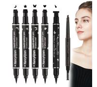 MADGININE 5PCS Double-headed Black Liquid Eyeliner Stamp, Waterproof, Perfect for Beginners and Eye Makeup Lovers with a dark brown eyebrow pencil (Triangle, Heart, Star, Flower, Butterfly)