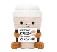 MADGININE Crochet Coffee Plush with Positive Card, Handmade Emotional Support Crochet Mug for Coffee Lovers Women Office, Home Decor