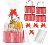MADHOLLY Bamboo Woven Baskets for Gifts Empty - 4 Set Foldable Sturdy Gift Basket Kit for Wrapping with Handle Cellophane Wrap Pull Bows, for Halloween Thanksgiving Housewarming Birthday Baby Shower